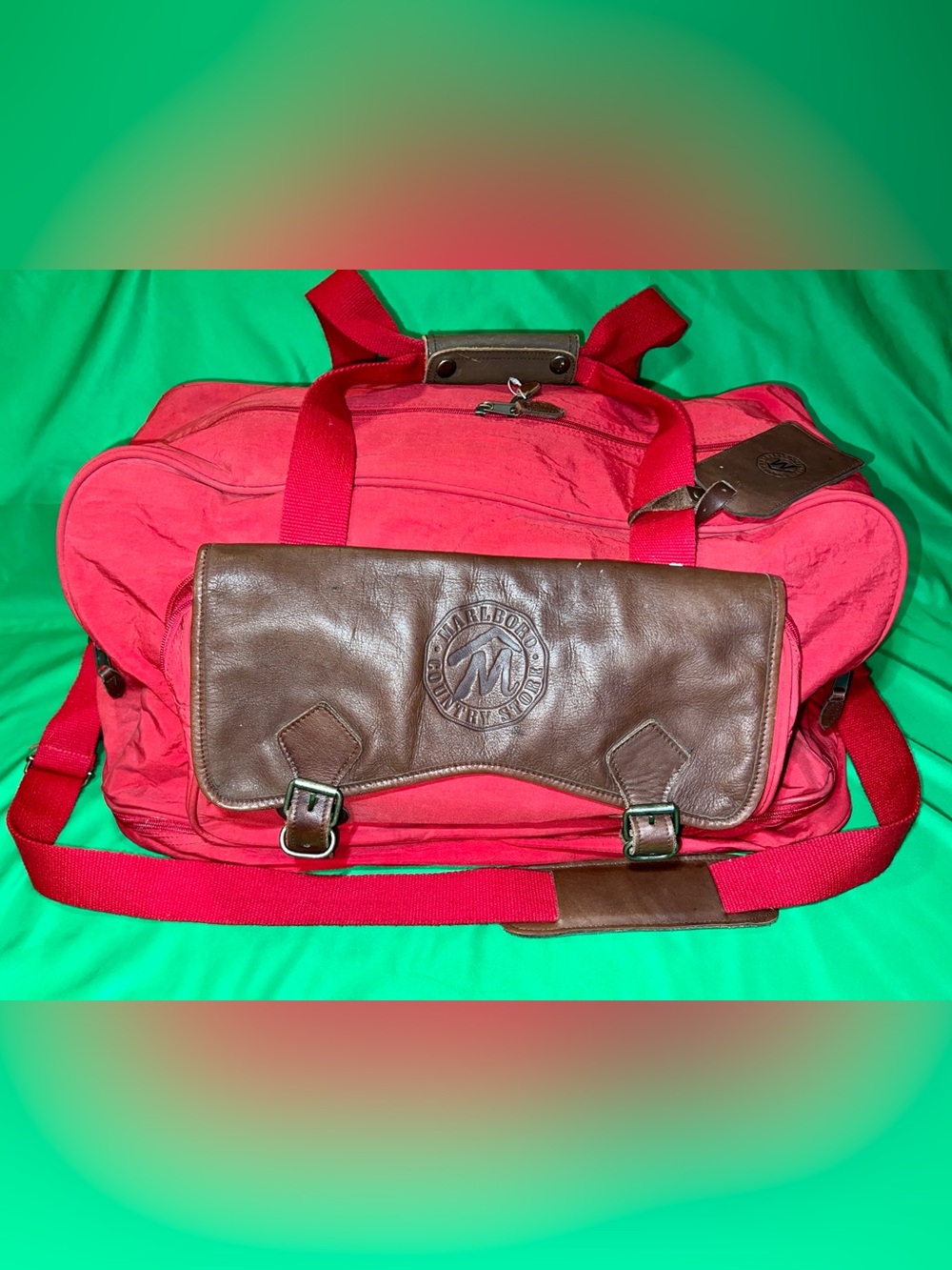 Marlboro Red Duffel Bag with Brown Leather Trim